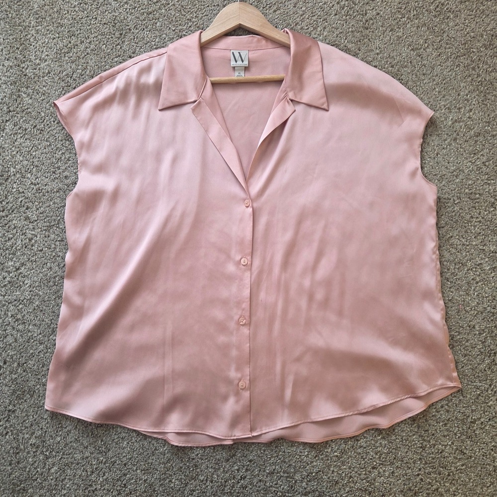 Worthington Pink Satin Button Down Blouse Cap Sleeve V-Neck Top XL